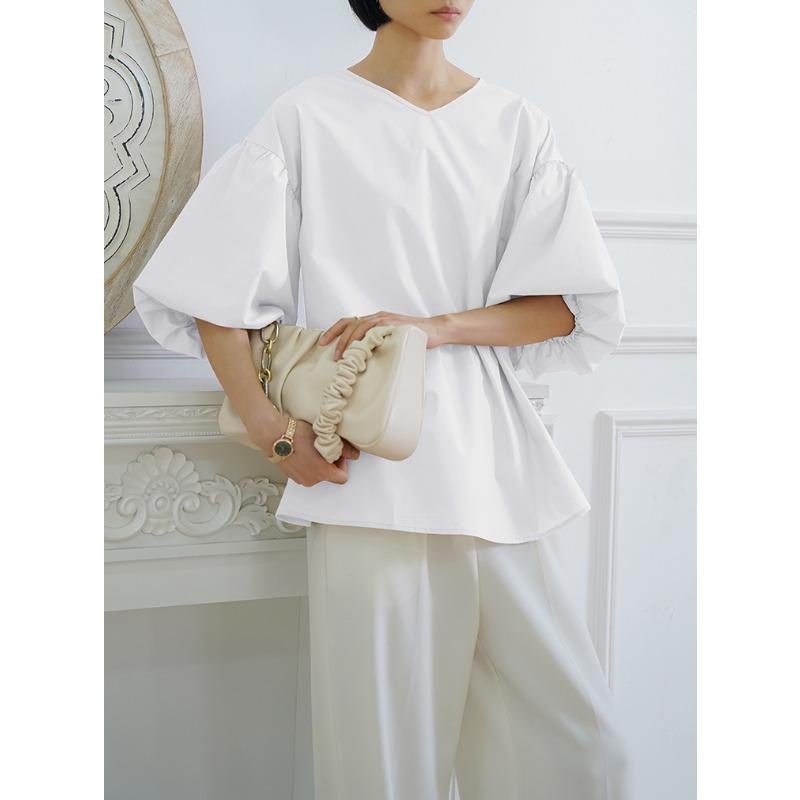 Summer Loose Large Edition Women's Shirt Cotton Oversized Lantern Sleeve Crew Neck Top