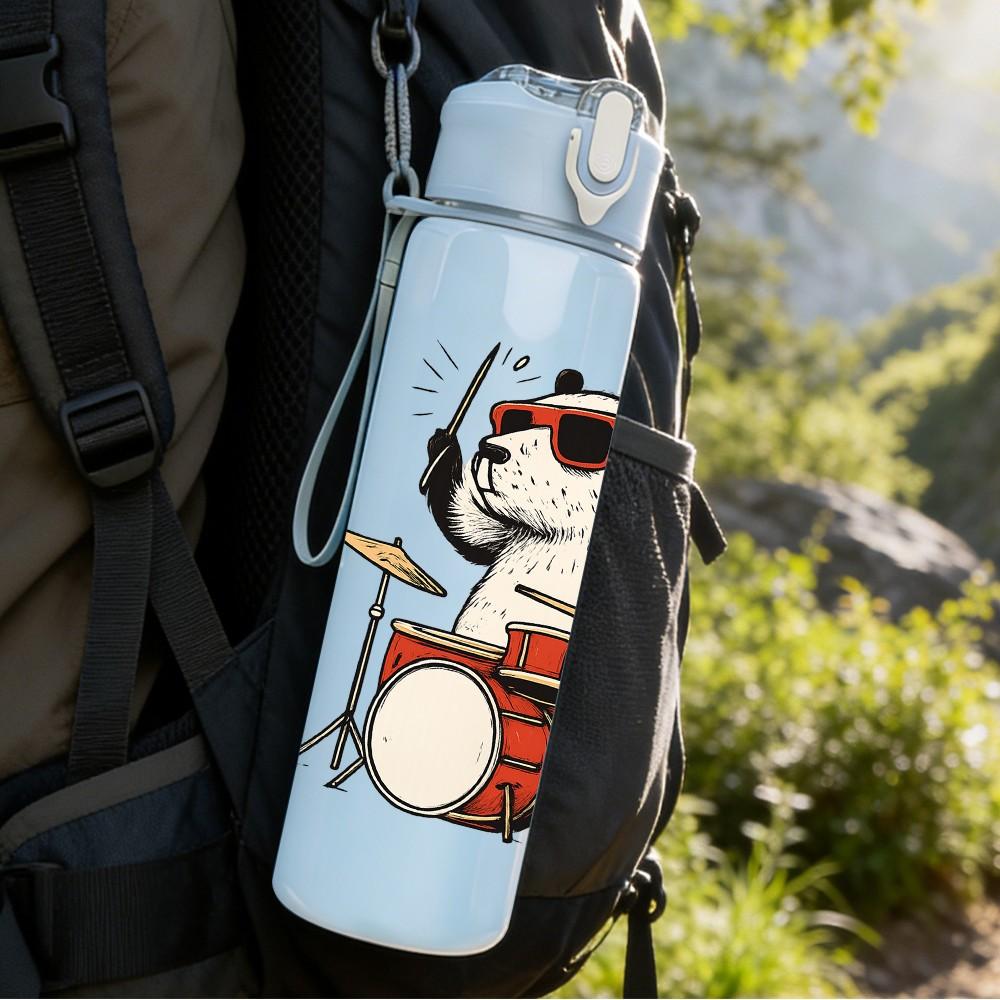 1PC Drumming Panda Cartoon 750ml Color Plastic Sports Water Bottle Leakproof Flip Straw Lid Suitable for Sports Office Home Use