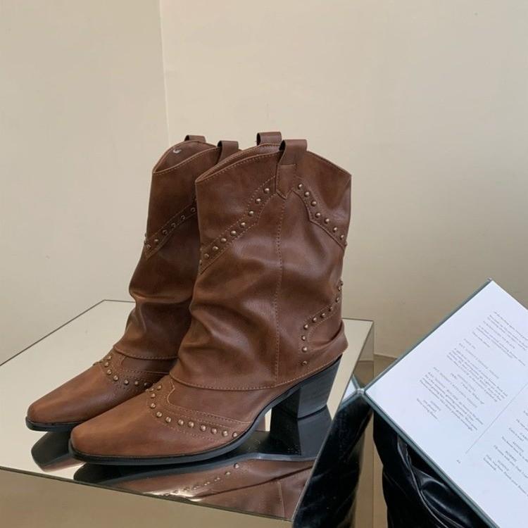 

Винтажные заклепки, ботильоны в стиле вестерн, женские зимние ботинки из искусственной кожи до середины голени, толстые каблуки, заостренный нос, ковбойские ботинки 35