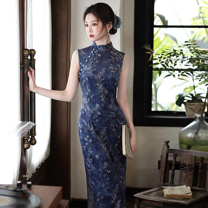 Blue sleeveless national style new Chinese daily Suzhou long cheongsam improved young 1011 new women's high sense