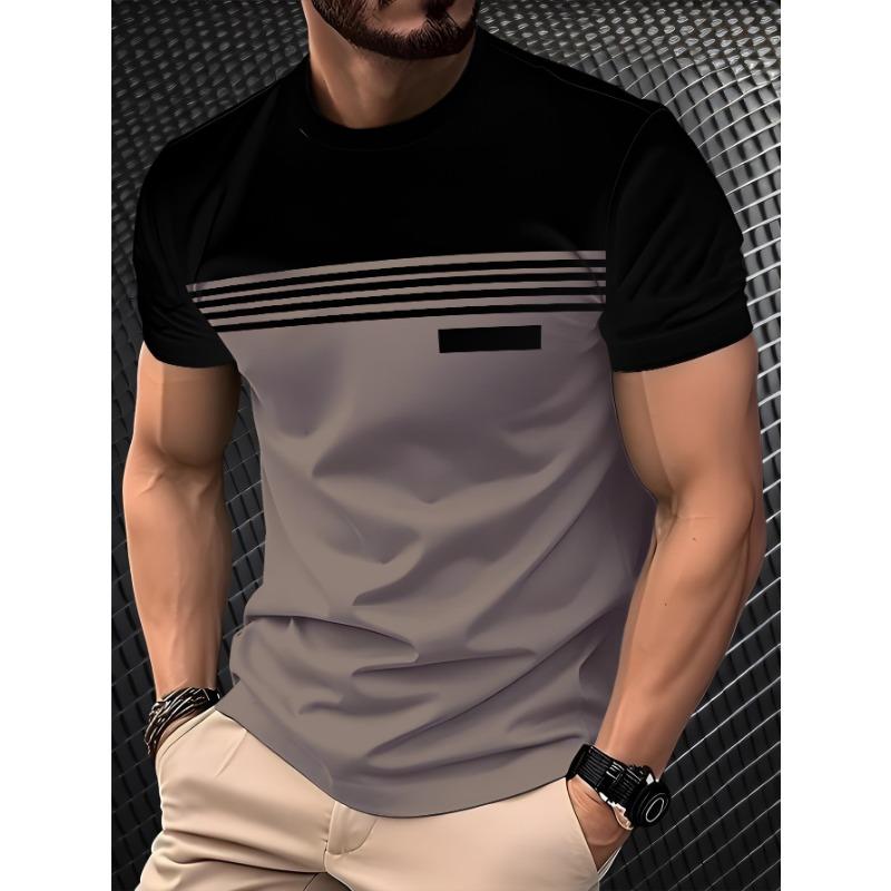 Men's Summer Casual T-Shirt Color Block Stripe Print Fashion Short Sleeve
