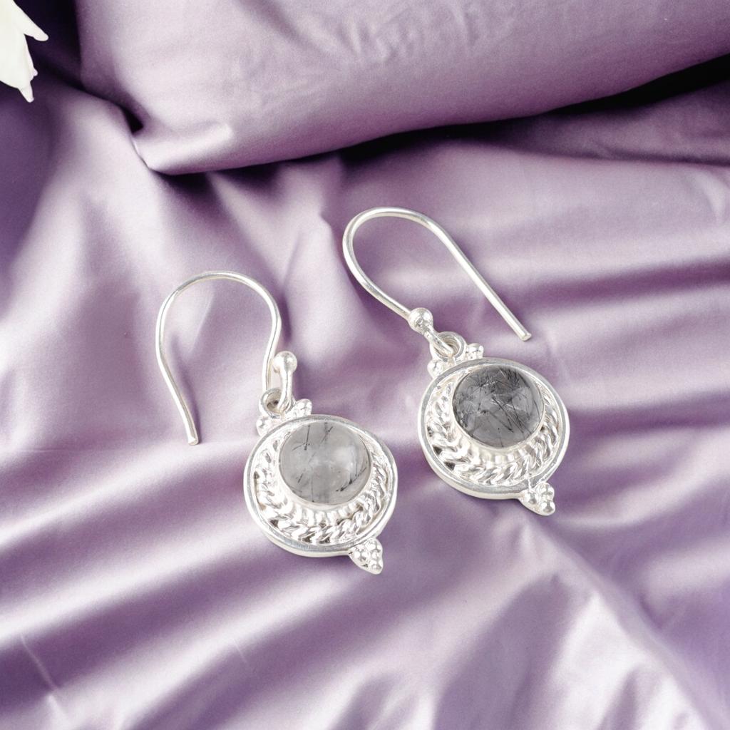 Rare Black Rutile Gemstone 925 Sterling Silver Jewelry Handmade Earrings 1.43" EE-117-27