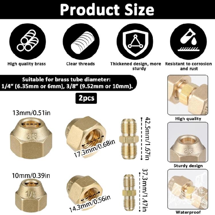 2Pcs Brass Pipe Fitting Connector Coupler 3/8Inch and 1/4Inch Copper Pipe Butt Joint Double Nipple Easy Tightening