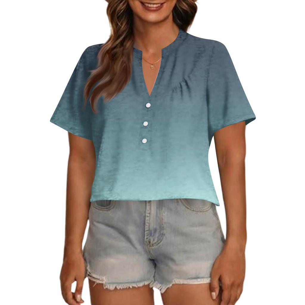 Women's Fashionable Casual V Neck Button Up Oversized Short Sleeve Printed Top