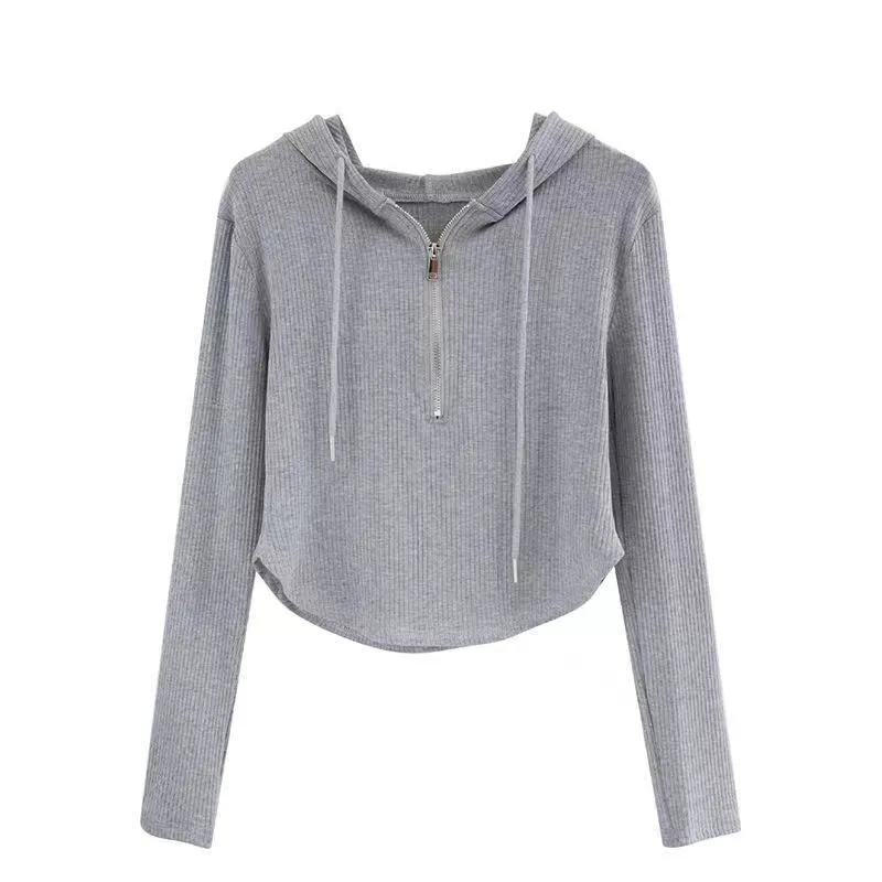 

Футболка с капюшоном и завязками на нитках, женская, с длинными рукавами, весна-осень, новая, облегающая, универсальная, с низом и верхом XS серый