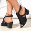 Summer new style one-word solid color women's large size thick heel fish mouth sandals