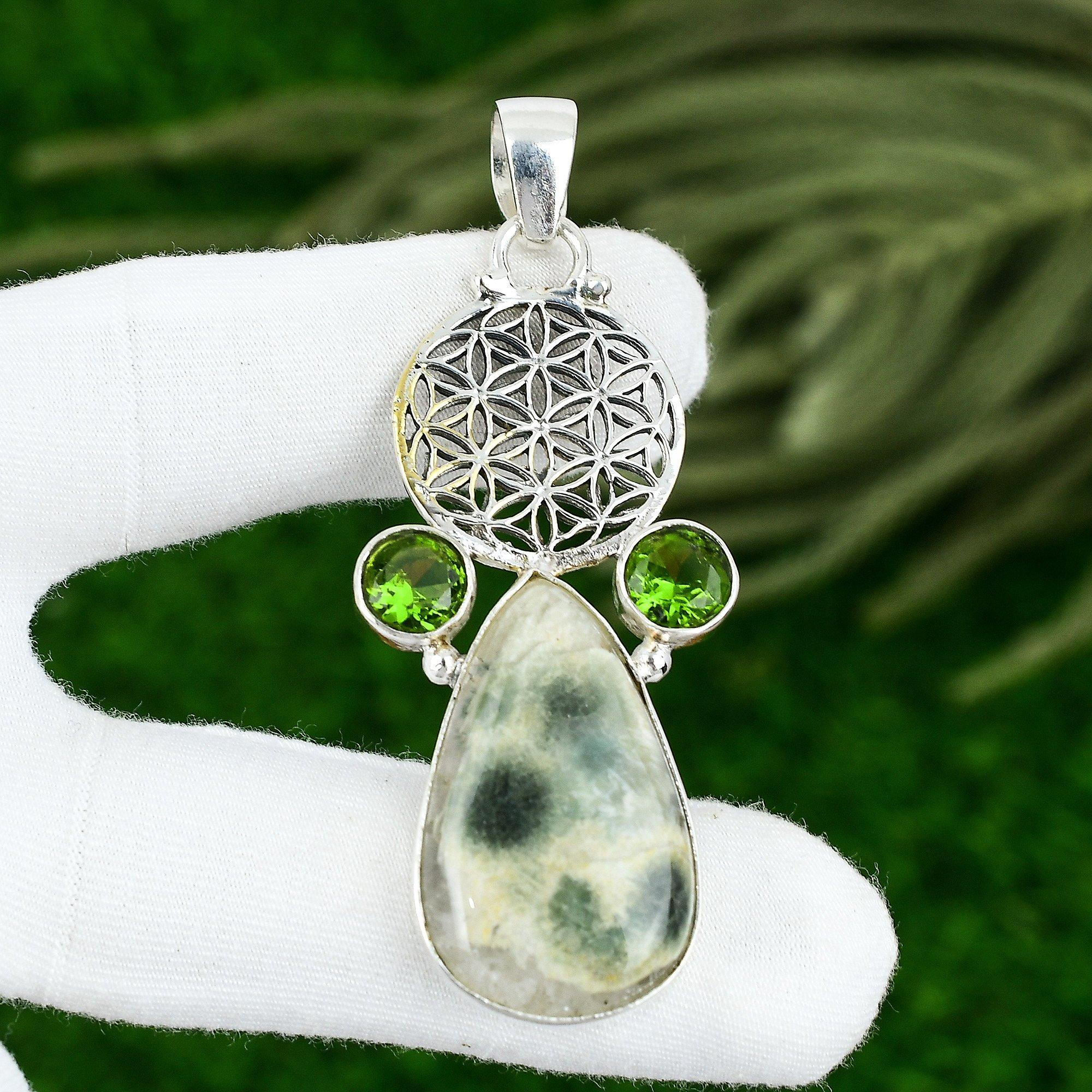 

Океанический Яшма Драгоценный Камень Перидот Юбилей Помолвка Подвеска 925 Стерлинговое Серебро