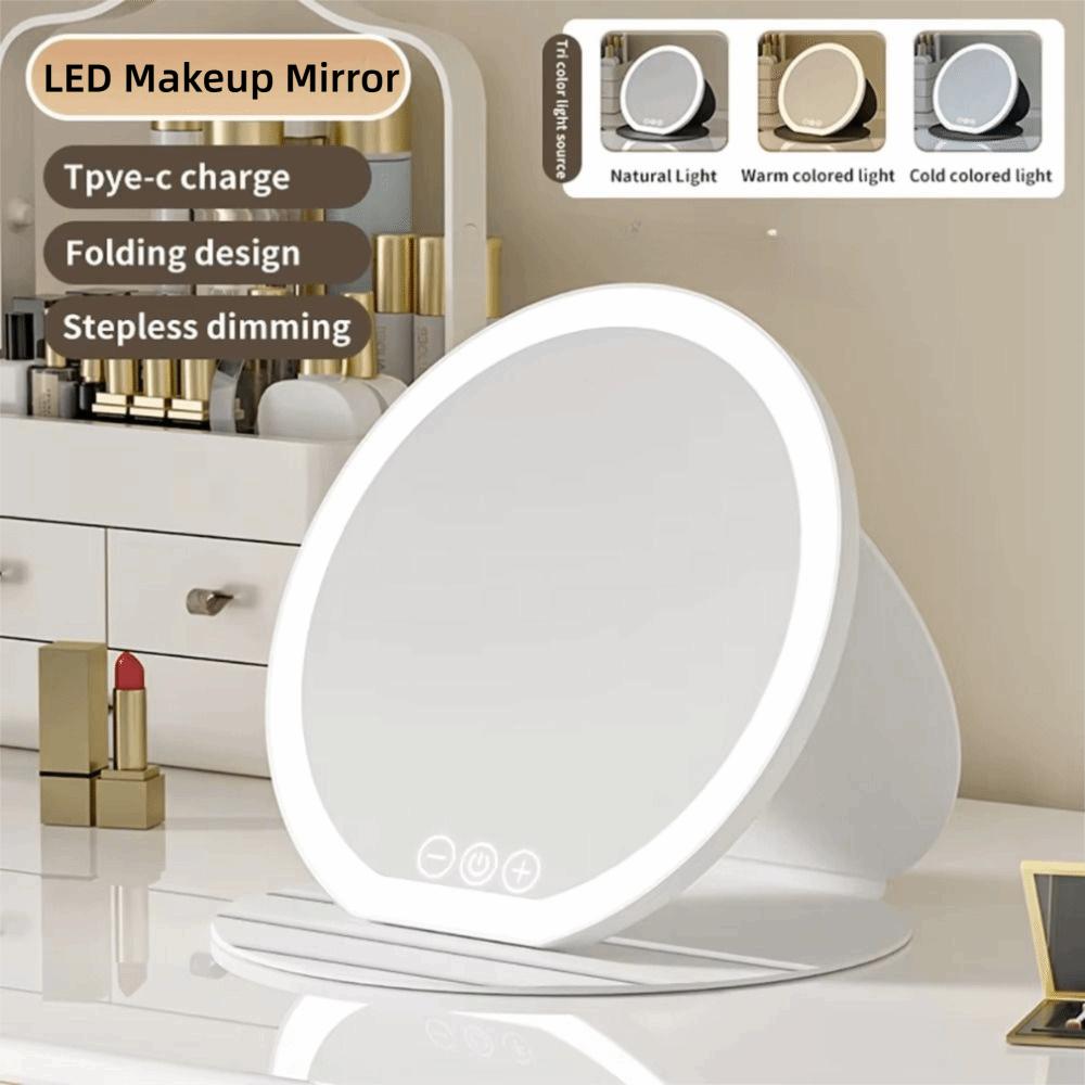 Leather Case LED Makeup Mirror Round Mirror Foldable Cosmetic Mirrors  Office Use