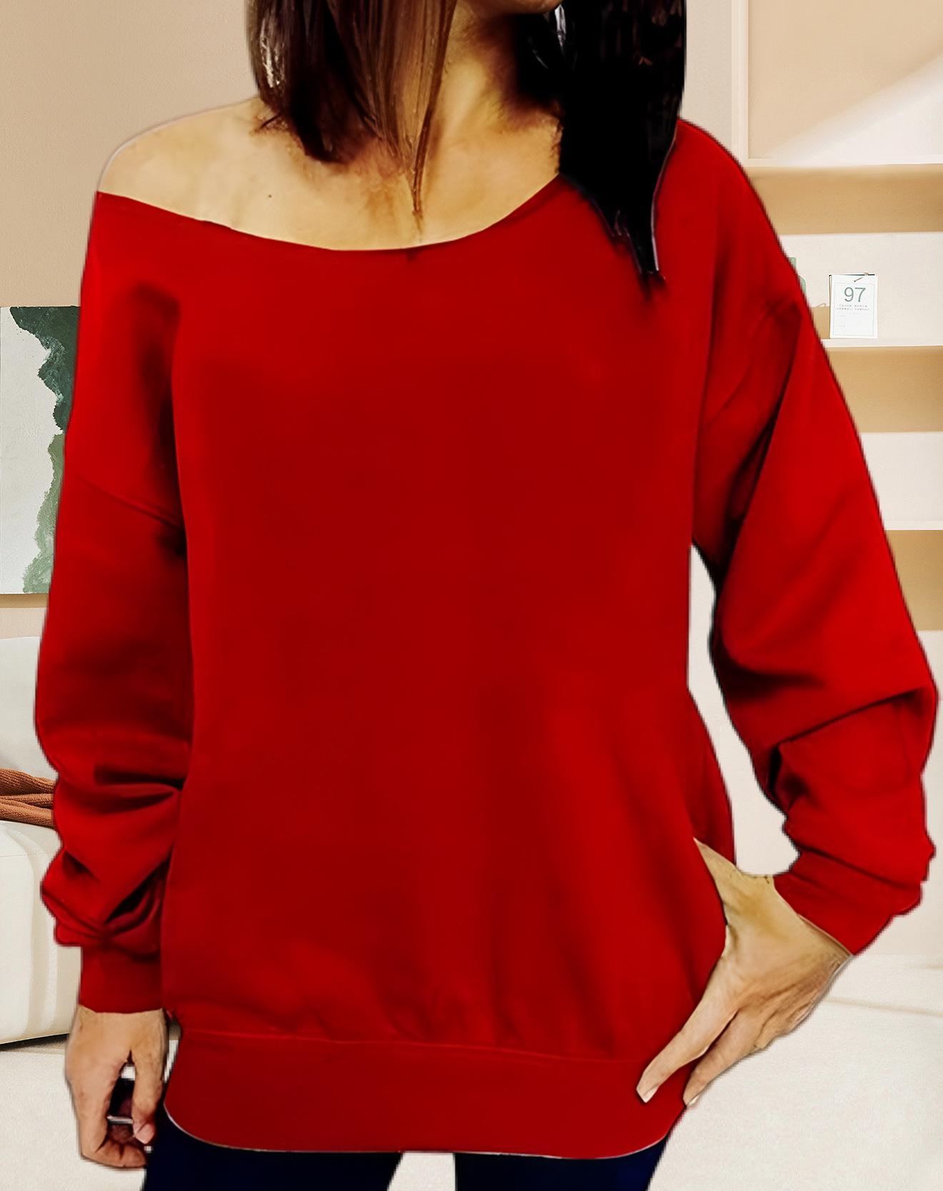 

2025 Повседневный европейский и американский однотонный женский свитшот с открытыми плечами XXL красный