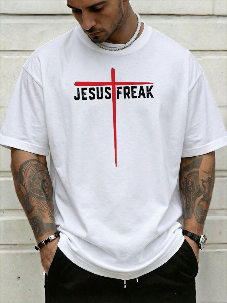 Jesus Freak Red Cross Graphic Unisexs Oversized T Shirt Christian Faith Short Sleeve Soft Cotton Casual Daily Streetwear For Guys