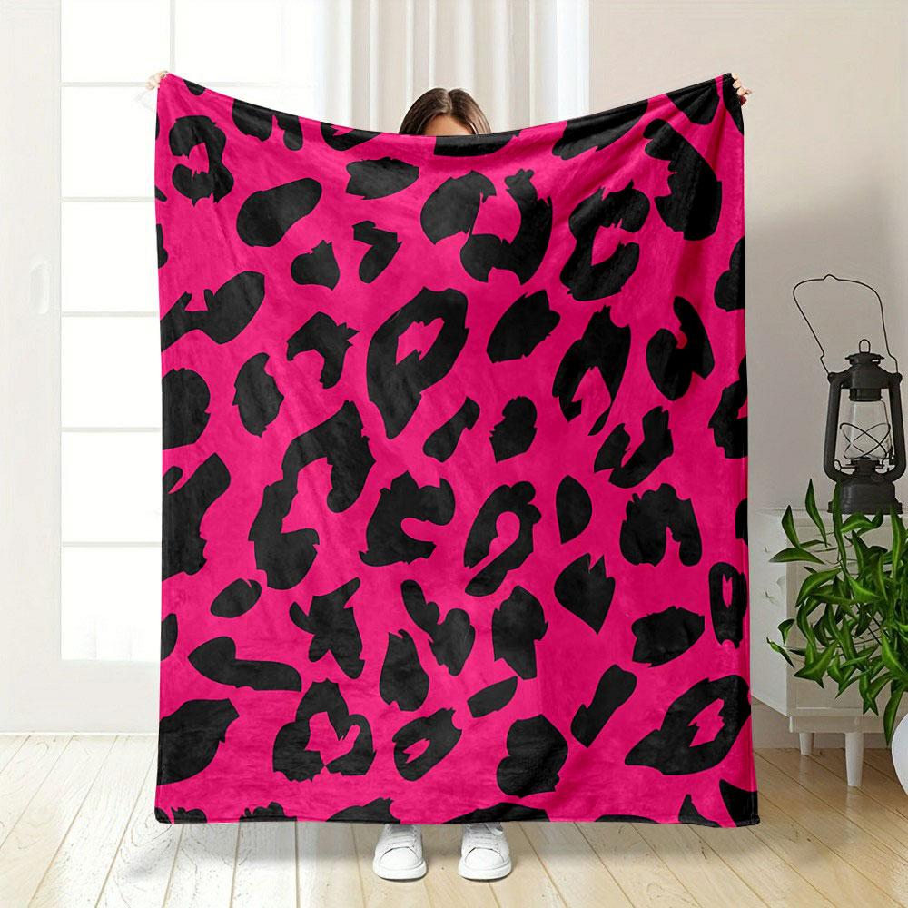 Black Irregular Shapes Resembling Leopard Spots On a Bright Pink Background. for All Seasons Blanket Lunch Break Throw Gift