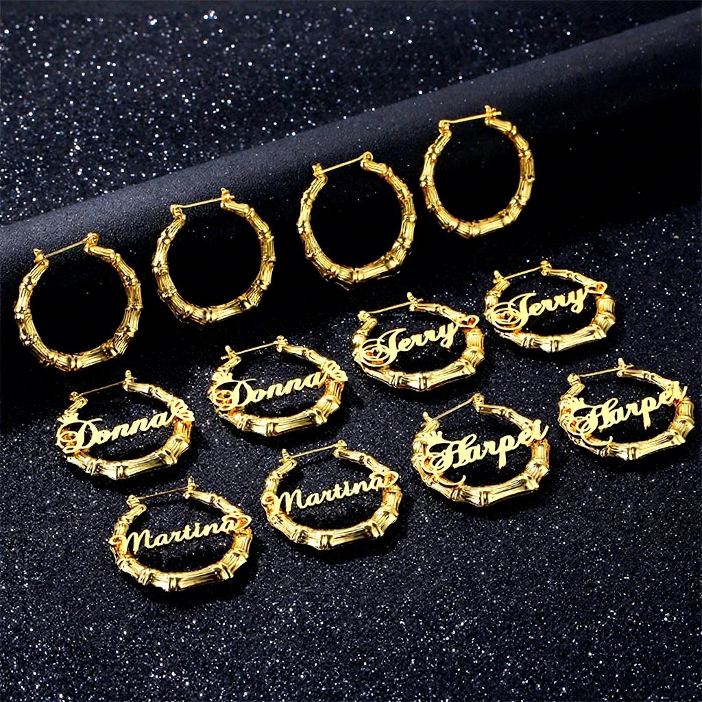 Fashion Earring Jeweley Stainless Steel 18K Gold Plated Bamboo Custom Letter Name Big Large Hoop Earrings for Women