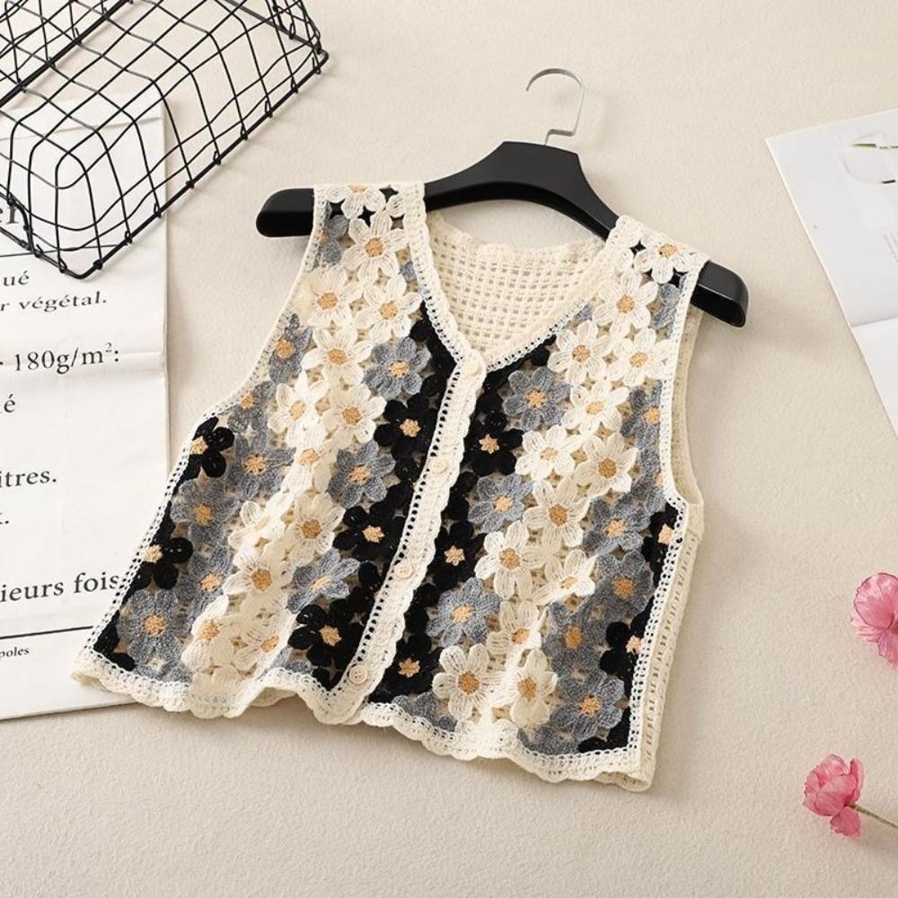 Button-up Sleeveless Jacket Colorful Floral Waistcoat Top 2026 Openwork Vest  Short Cardigan