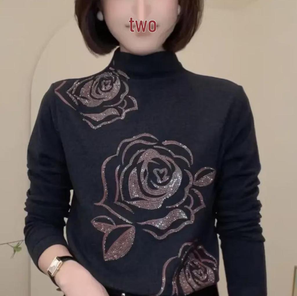Autumn/Winter Rose Rhinestone Fleece Stand-Up Collar Long Sleeve Warm Top for Middle-Aged and Elderly Women