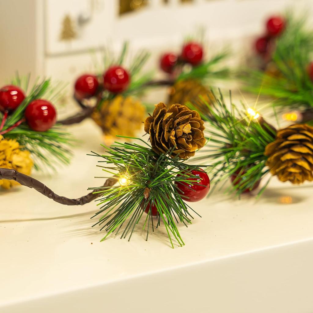 Dazzle Bright Pine Cone Christmas String Lights, Total 6.5FT 20LED Battery Operated Christmas Garland with 8 Modes, Red Berry Pine Cone Fairy String