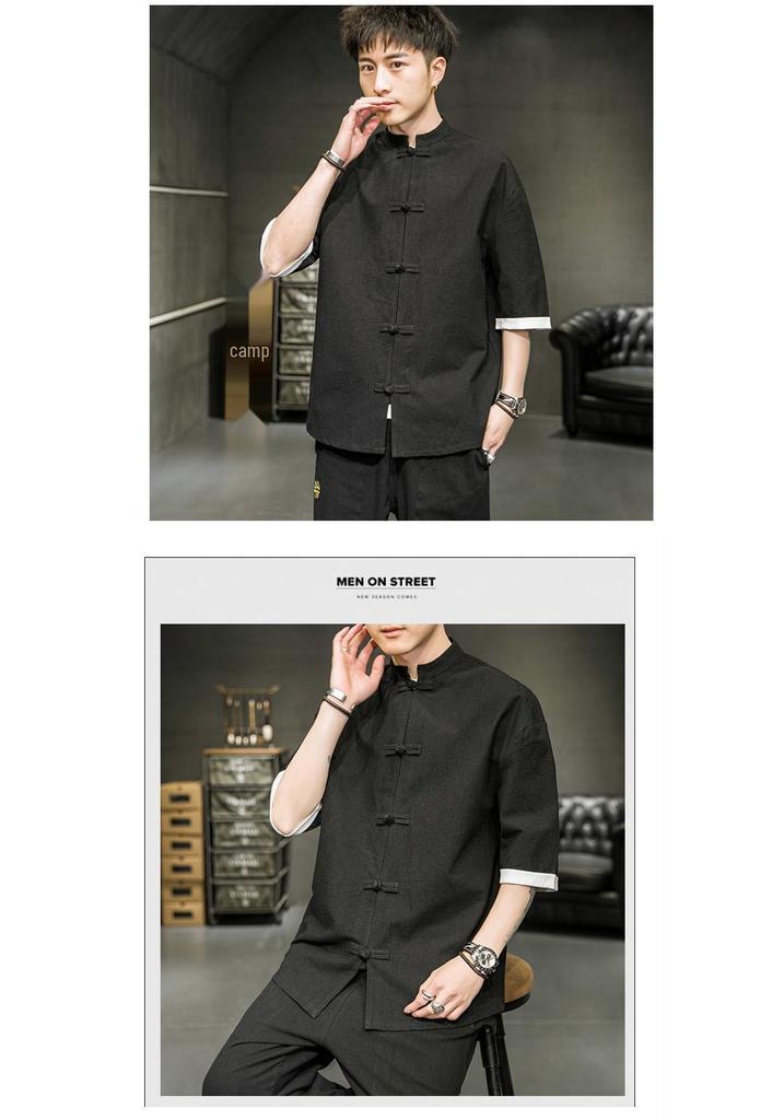 Men’s Summer Ice Silk Chinese Buttoned Short-Sleeve Tang Suit Shirt, Cotton-Linen Hanfu Zhongshan Retro Style