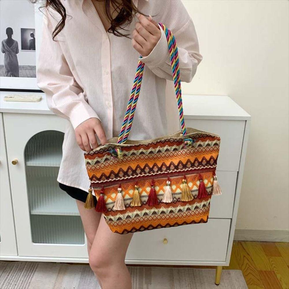 Tassel Ethnic Style Shoulder Bag Stripe Canvas Colorful Handbag Embroidery Tote Bag Outdoor
