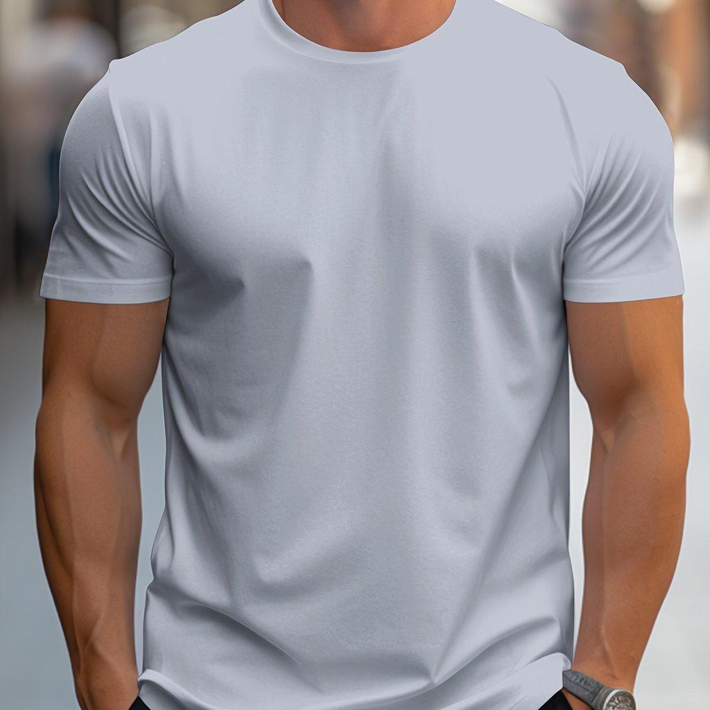 Unisex European Round Neck Short Sleeve T-shirt - Solid Color, Regular Fit