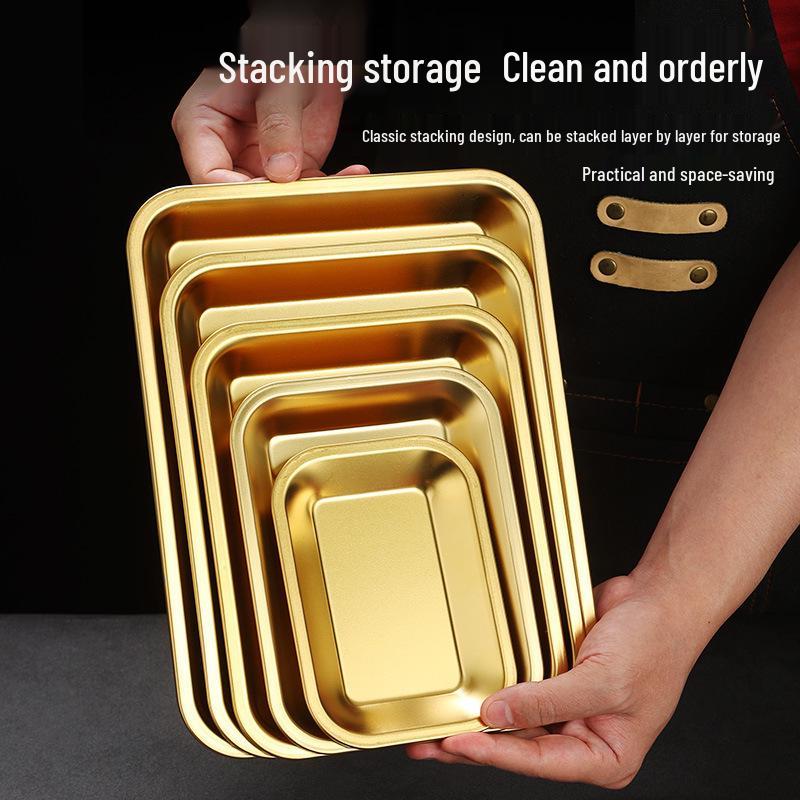 Korean Style Stainless Steel Square Golden Tray: Barbecue, Dumplings, Fast Food, Snacks, Hot Pot, Vegetables.