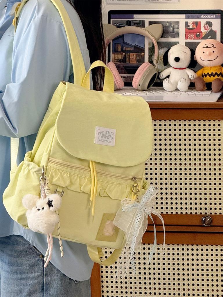 Schoolbag Korean ins milk mist blue yarn with lace bow drawstring backpack sweet little fairy traveling shopping small backpack