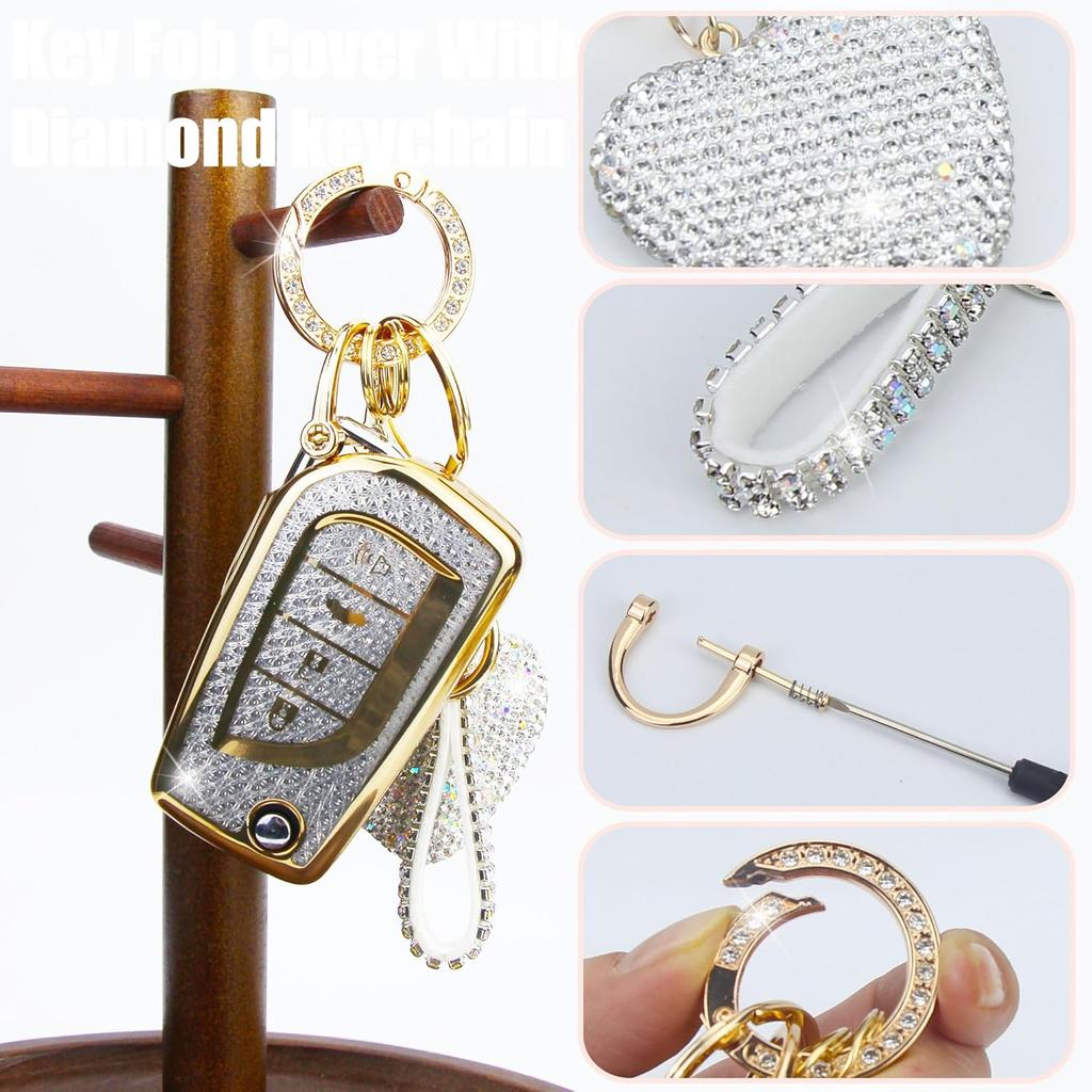 Key Fob Cover with Diamond Keychain, Car Key Holder Compatible with Toyota Avalon Camry Corolla Fortuner Highlander Levin Rav4 Sequoia Sienna Tacoma