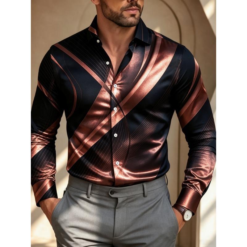 Men's Retro Twill Printed Long Sleeved Shirt with a Collar and Cardigan for Business Banquets, Parties, and Casual Men's Shirts