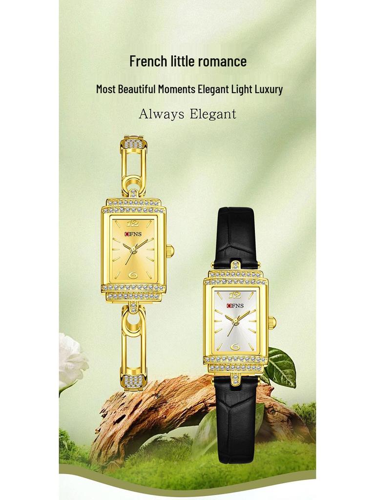 OFNS Women's Luxury Square Leather Strap Watch - Waterproof Quartz with Diamond Detailing
