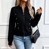 Women's Vintage Button Front Knit Cardigan Round Neck Zip-Up Slim Fit Sweater Jacket