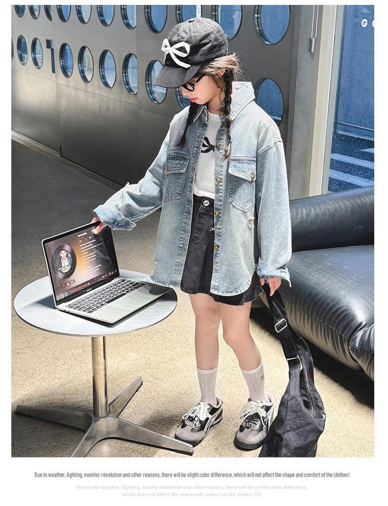Big Girls' Fashion-Forward Distressed Denim Shirt Jacket - Spring/Autumn 2025