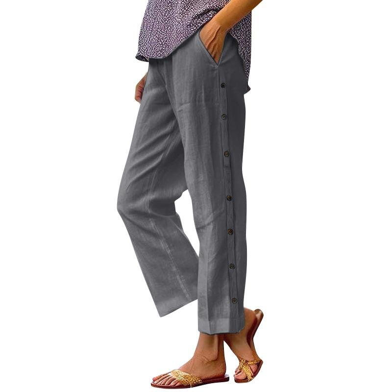 Women's New Breathable Cropped Pants Decorative Buckle Side Pocket High Waist Loose Casual Pants