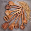 7 Pièces Cuillère de Cuisine en Teck de Thaïlande Outil Naturel en Bois pour Table de Cuisine Louche Spatule Passoire à Riz Écumoire à Soupe Cuillère Ustensiles