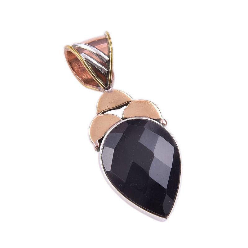 Natural Black Onyx Gemstone 925 Solid Sterling Silver TwoTone Pendant 1.50" F2k96