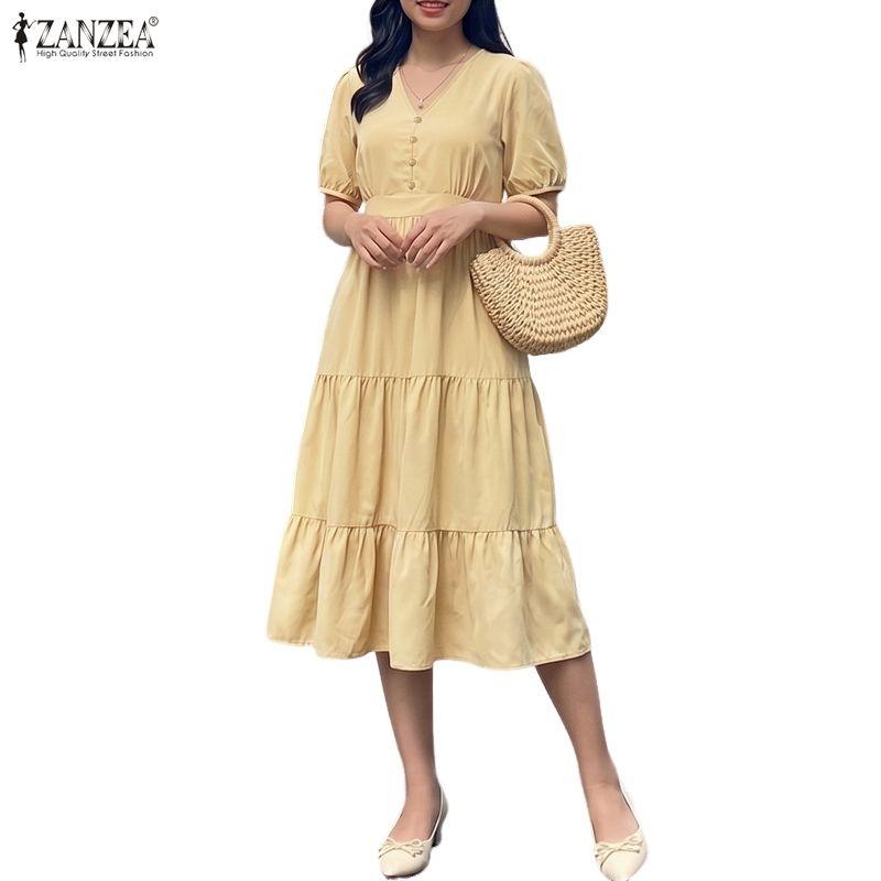 ZANZEA Women Elegant V-Neck Casual Solid Color Short Sleeve Dress