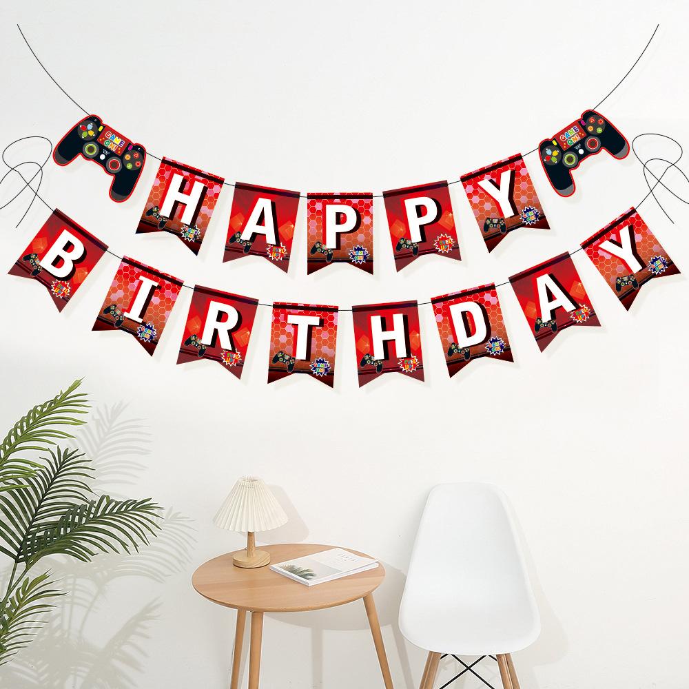 Gamepad Birthday Pull Flag GAME ON theme Happy Birthday Party Children Holiday Gift Decorated Banner Blue Game Dpiral Ribbon