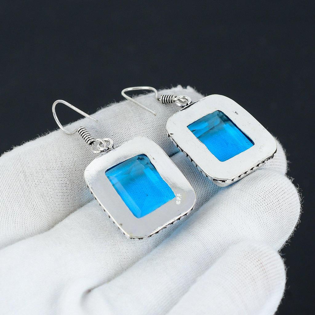 Náušnice s drahokamem Swiss Blue Topaz, Náušnice ze stříbra 925, Stříbrné náušnice Boho Jewelry, Náušnice Bohémské Dárky, Náušnice pro ženy