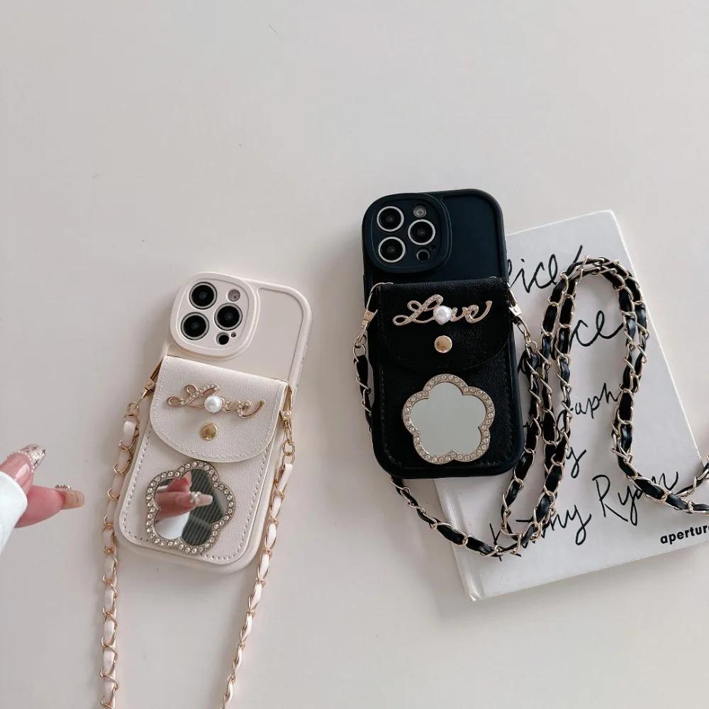 Umhängetasche Spiegel Geldbörse Kartenhalter Leder Handyhülle für IPhone 16 Pro Max 15 14 Plus 13 12 11 XS XR X 7 8 Schutzhülle