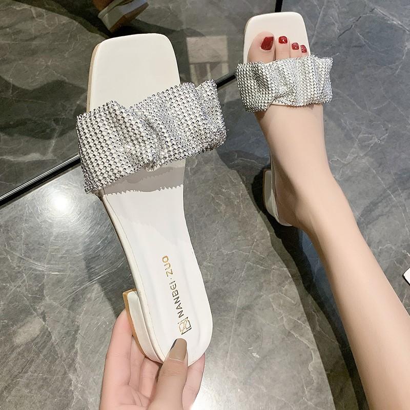 

Rhinestone cool slippers women s outer wear summer new fashion patch one-word drag open toe middle heel thick heel women s drag 34 белый