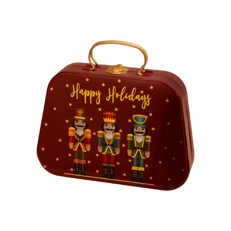 Holiday Gift Tin Box Christmas Metal Treat Container with Handle and Lid Closure for Small Gifts, Dessert Table Use