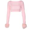Square Neck Long Sleeve T-Shirts Women 2022 Fashion Cute Feather Top faux fur Sexy Y2K Crop Top Streetwear Tee Shirt femme