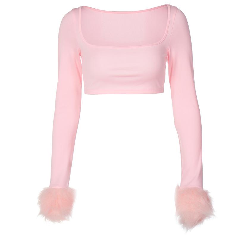 Square Neck Long Sleeve T-Shirts Women 2022 Fashion Cute Feather Top faux fur Sexy Y2K Crop Top Streetwear Tee Shirt femme