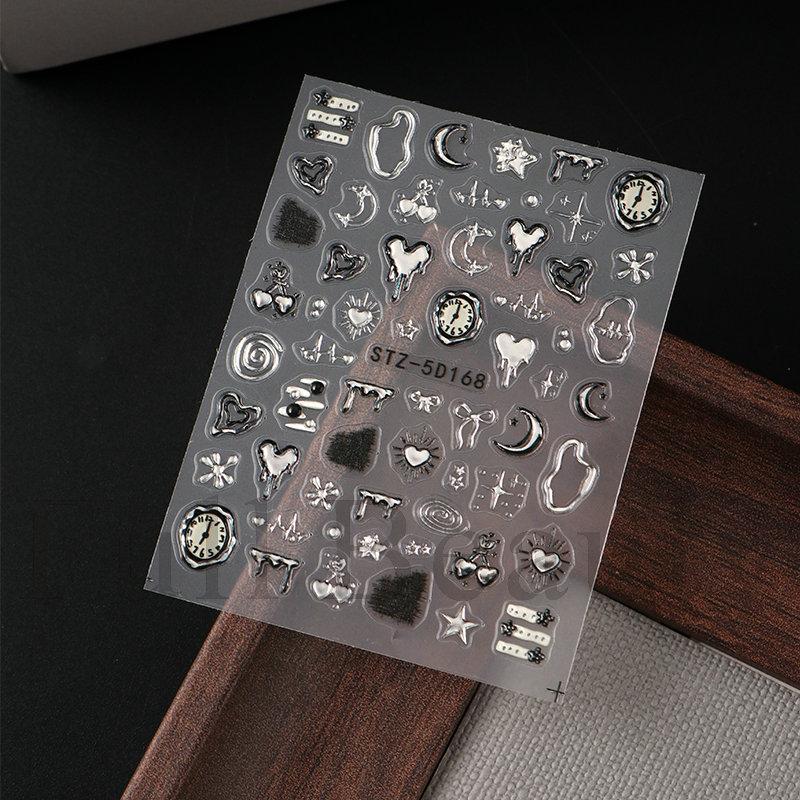 1PC embossed 5D liquid metal star, moon, and heart clock nail sticker, adhesive nail art sticker, holiday gift.