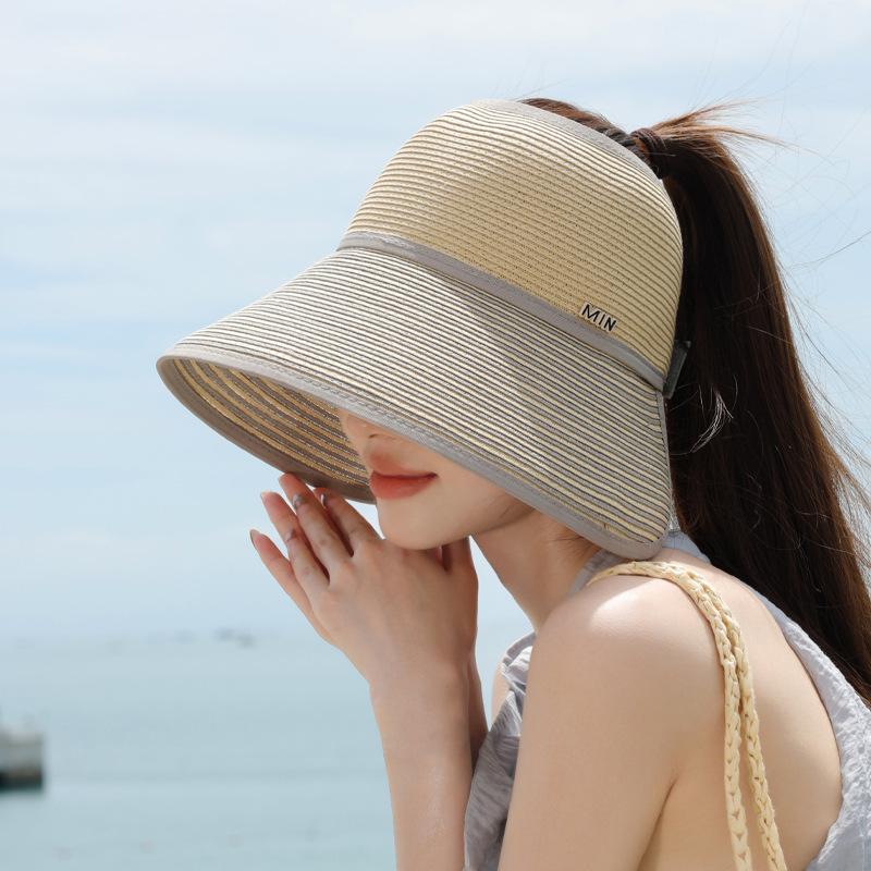 

Летняя шляпа от солнца с широкими полями женская для прогулок на открытом воздухе, для морского отдыха, козырек, модная соломенная шляпа с открытым верхом