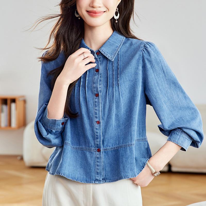 

Маленький мужчина выглядит высоким и позирует с листьями лотоса Джинсовая рубашка для женщин с длинным рукавом Весенне-летняя повседневная рубашка-топ XXL