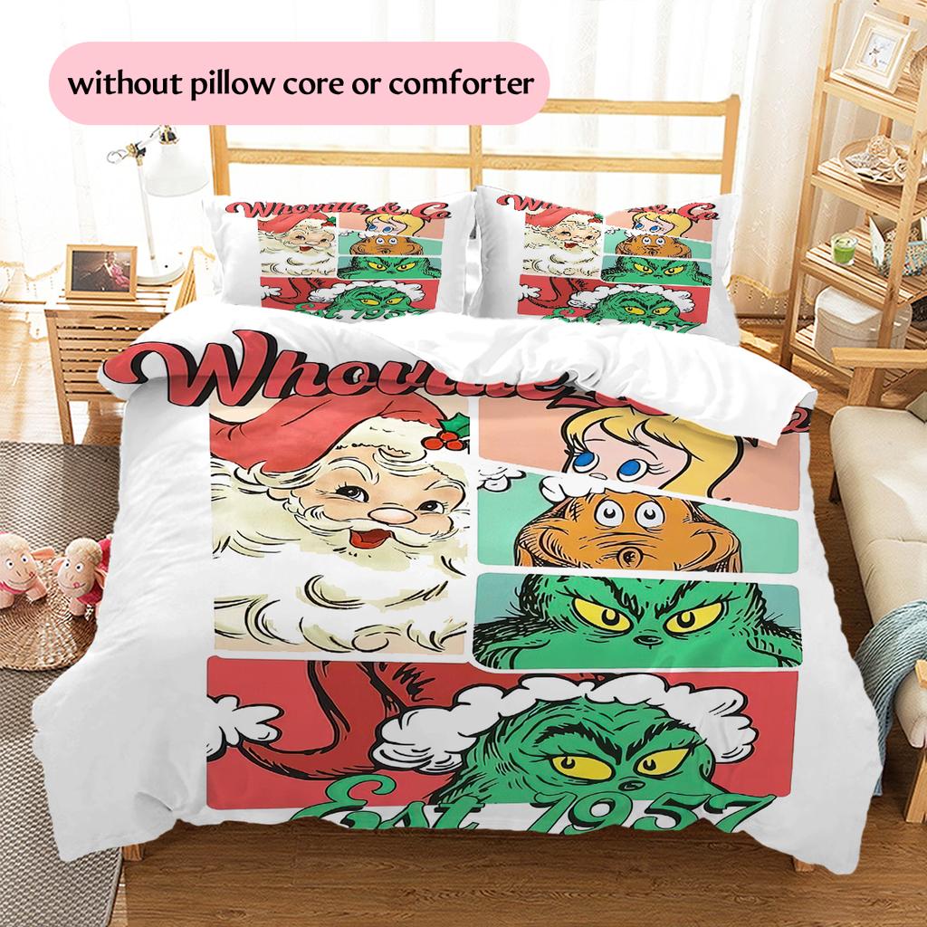 1PC Grinch Pattern Bedding Quilt Set Quilt Cover Pillowcase Home Decoration Birthday Gift (1 * Duvet Cover + 2 * Pillowcase, Without Core)