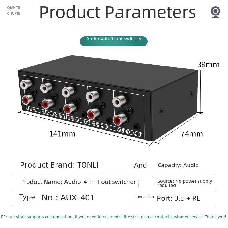 Tongli 4x1 Audio Switcher: 4-Port Sharing Device with Lotus RCA & 3.5mm Stereo Interface
