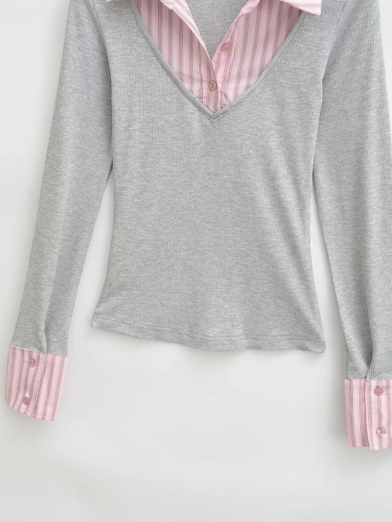 Women's College-Style Faux Two-Piece Striped Patchwork Slimming Long-Sleeve Lapel T-Shirt, Autumn/Winter Korean Style.