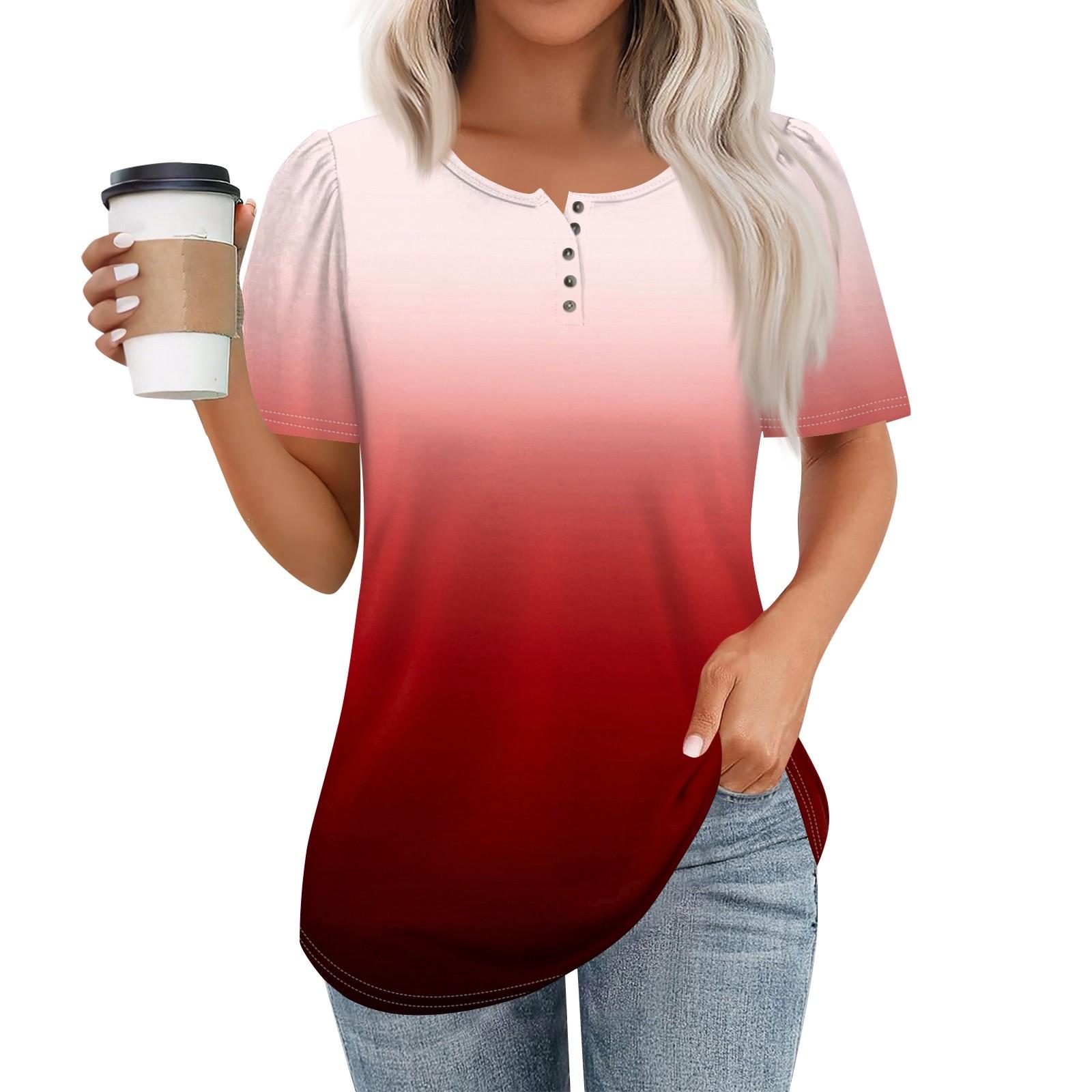 

Женский модный повседневный короткий рукав пуловер с принтом на пуговицах и круглым вырезом XL красный