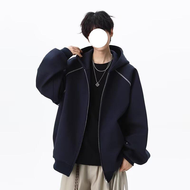 Men s Autumn Winter American Style Contrast Stitch Double Zipper Hoodie Cardigan - Trendy Streetwear Clean Fit Extra Large темно-синий
