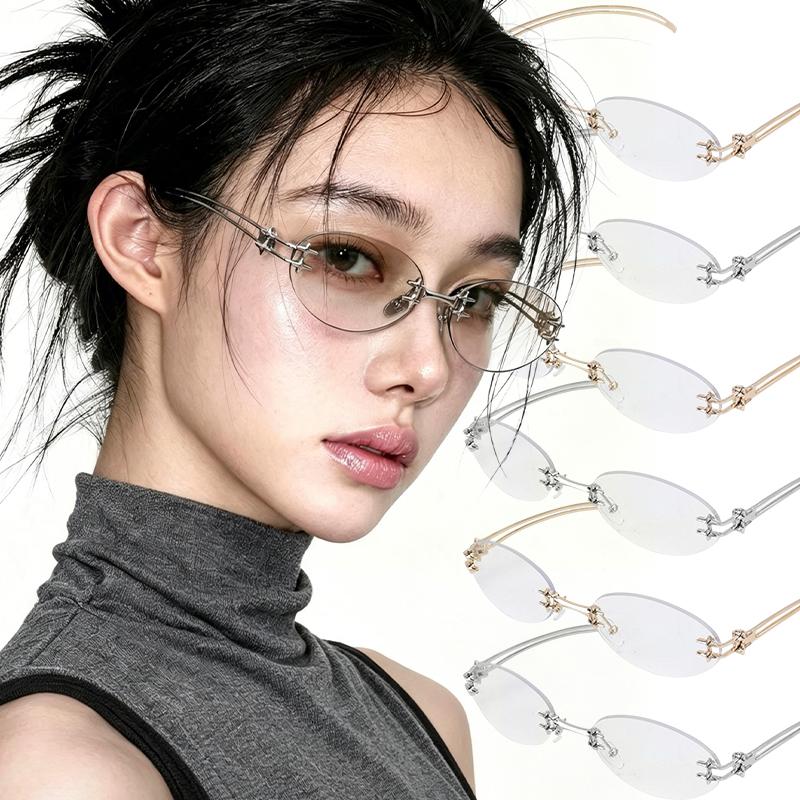 Y2K Retro Oval Rimless Metal Frame Sunglasses Trendy Sun Glasses Ultra Lightweight Luxury Eyeglasses Unisex Eyewear Accessories
