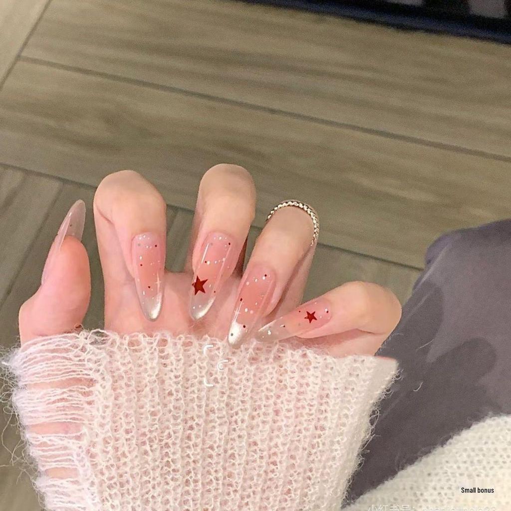 Blush French Cat Eye Princess Bow Nails - Handmade Wearable Nail Art